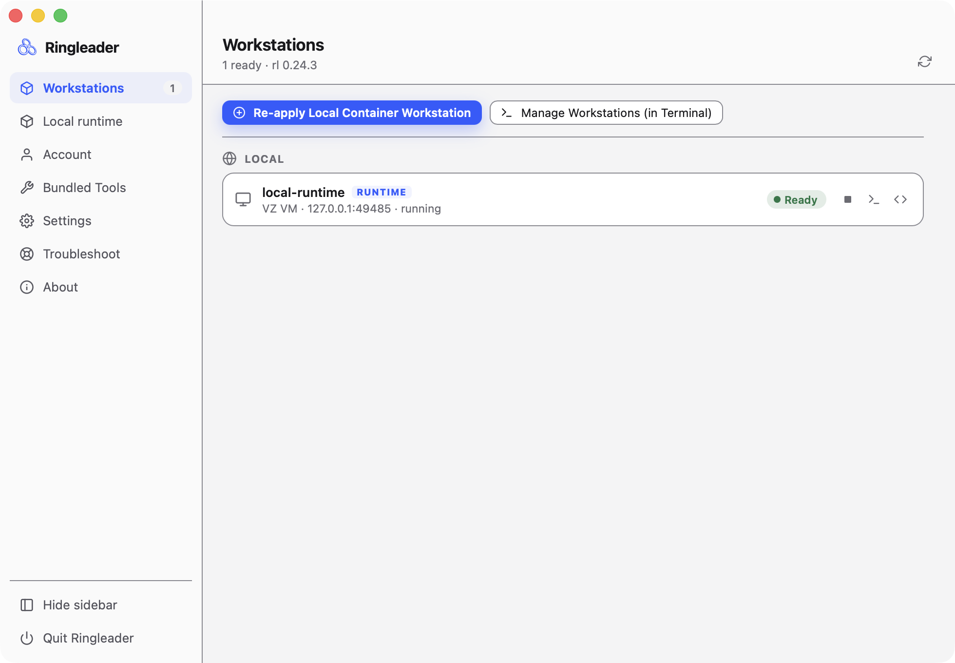 The workstation list after onboarding, in the app window on macOS.