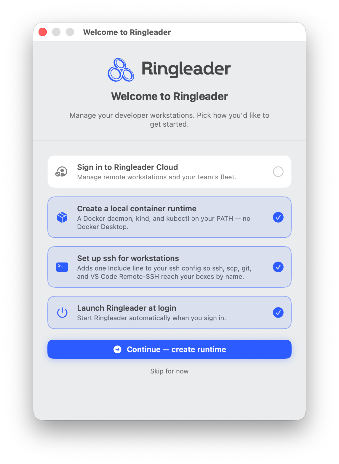 The first-run onboarding wizard on macOS.