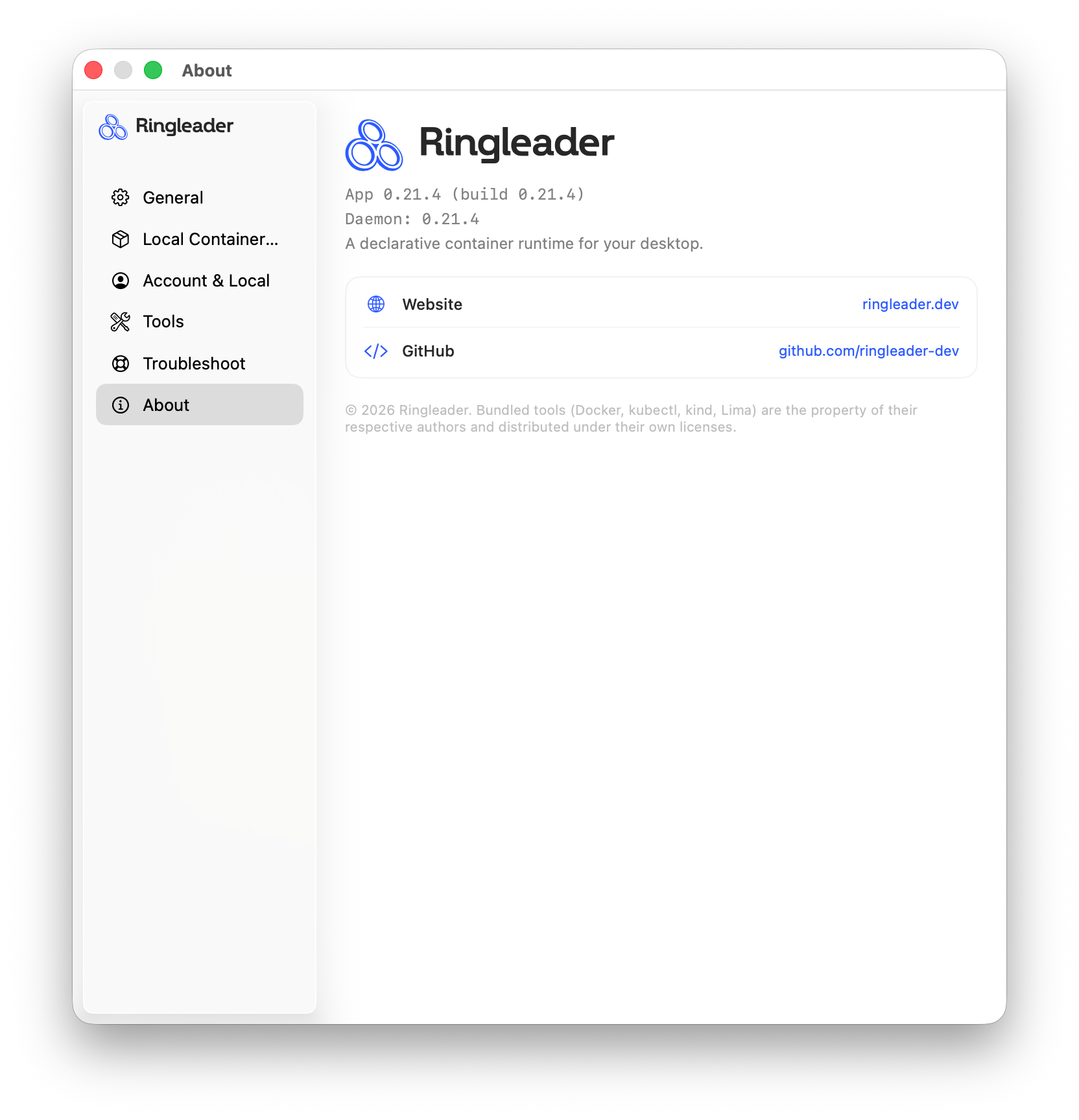The About page, with the app and daemon versions.