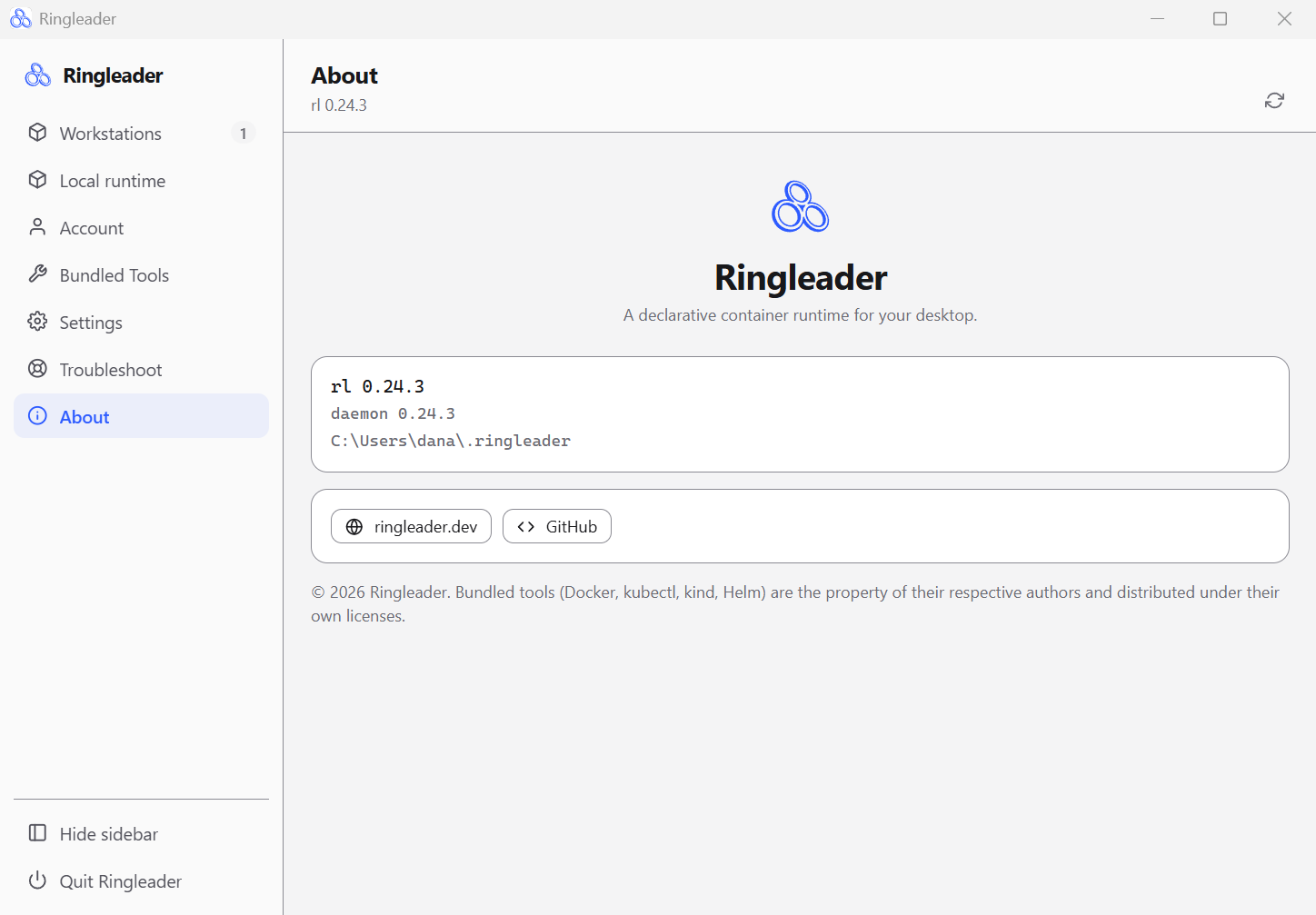 The About page of the Ringleader window, with the CLI and daemon versions.