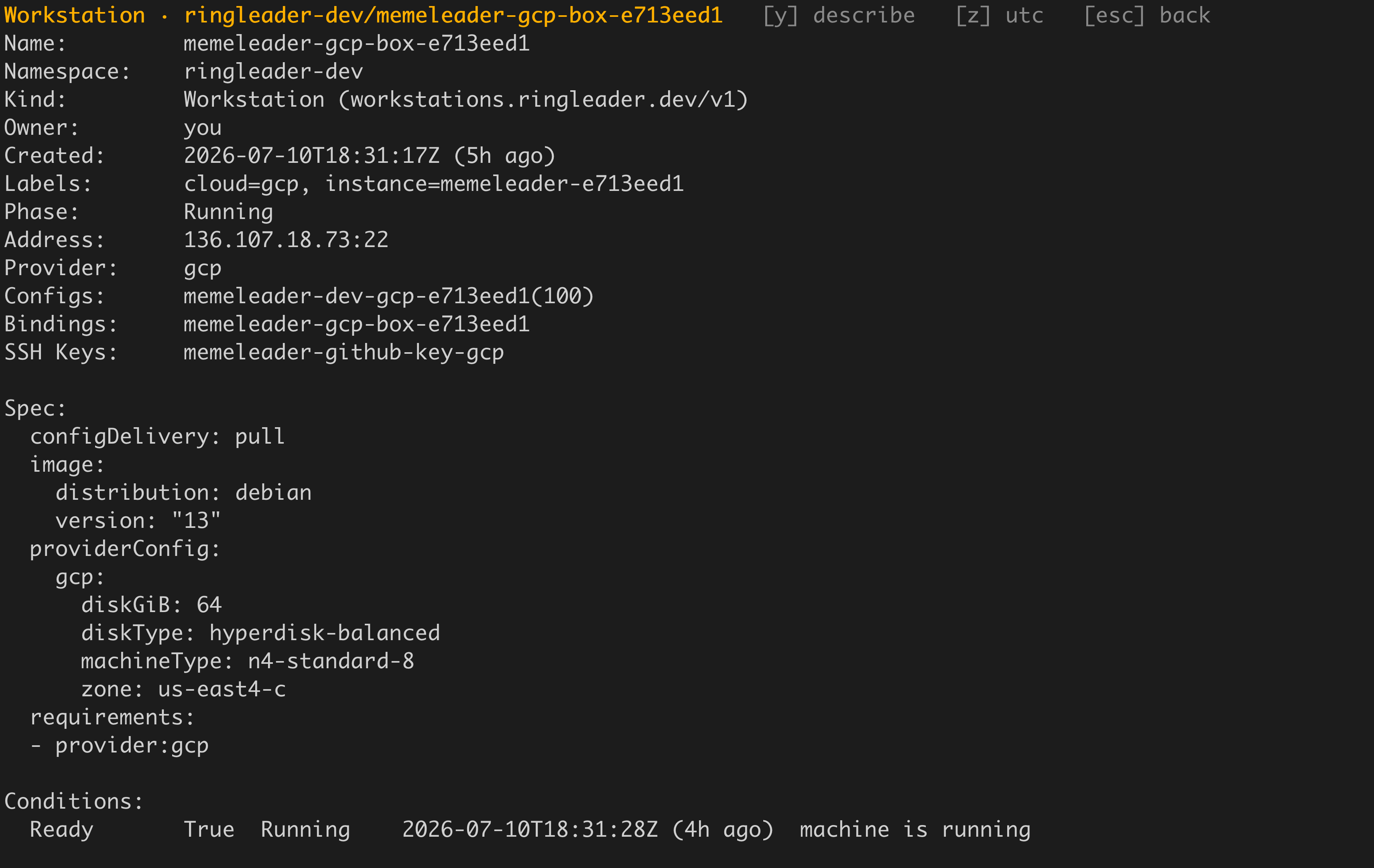 The describe view: metadata and conditions at the top, Events below, and the y and z toggles in the header line.